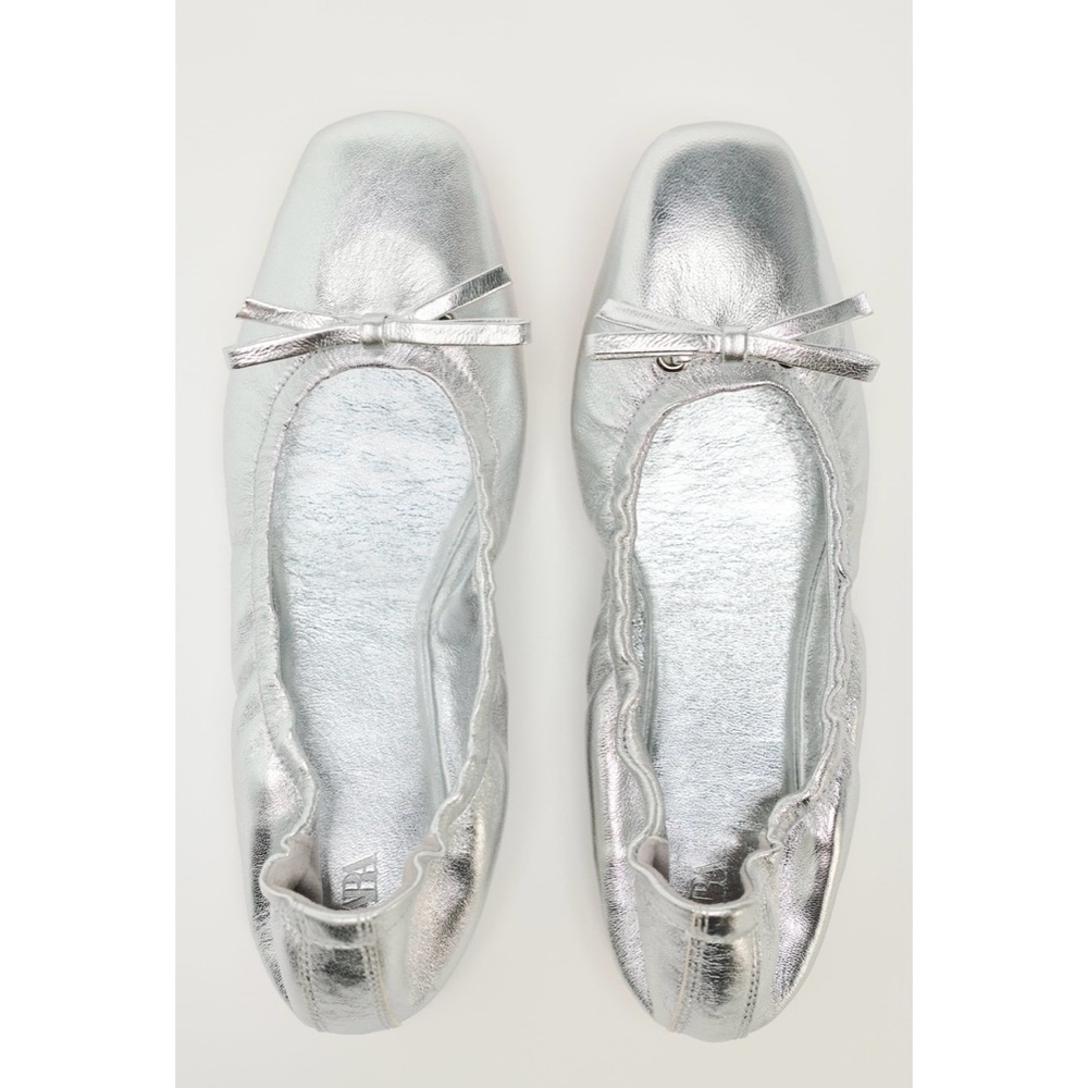 Zara Metallic Gathered Ballet Flats with Bow